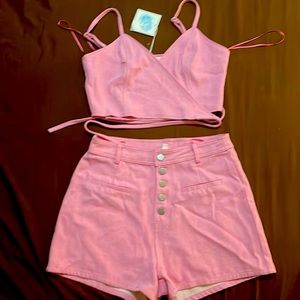 Bubble gum pink high waisted  Jean short set